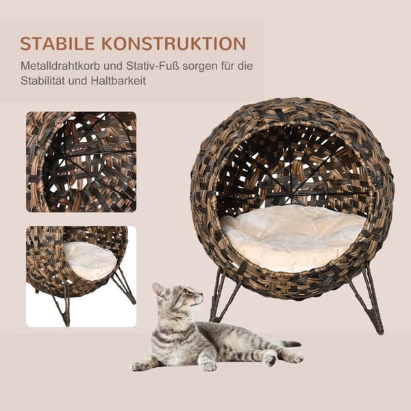 Rattan Katt Sengepute Hevede Føtter Katt Soveplass Brun Ø52X58Cm