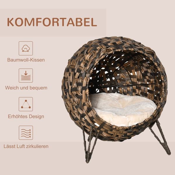 Rattan Katt Sengepute Hevede Føtter Katt Soveplass Brun Ø52X58Cm