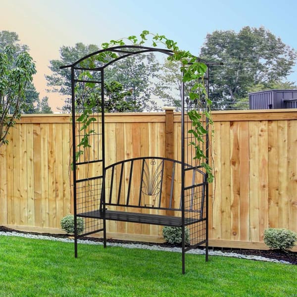 Plant Arch Med Bänk Bänk Valv Spaljé Trädgårdsbåge Tak Metall Svart 154 X 60 X 205 Cm
