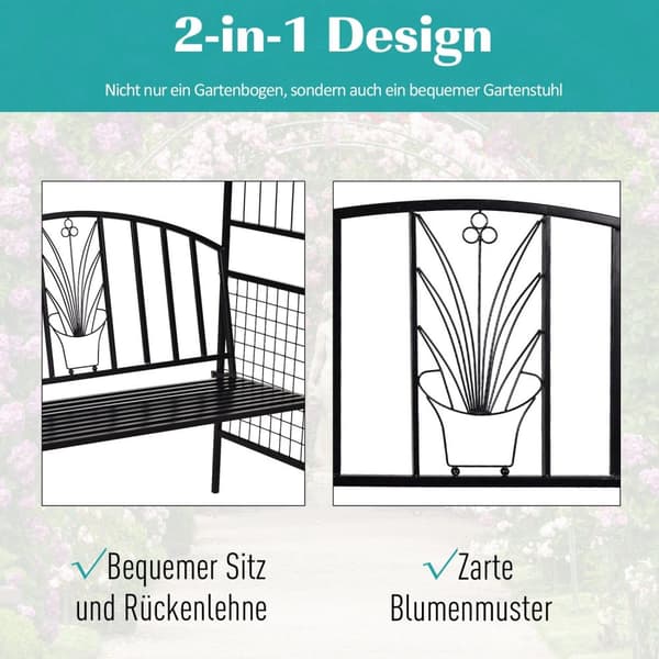 Plant Arch Med Bänk Bänk Valv Spaljé Trädgårdsbåge Tak Metall Svart 154 X 60 X 205 Cm