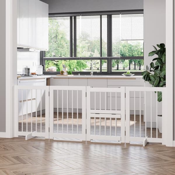 Dog Barrier Door Safety Gate 2 Støtteføtter Sammenleggbar Beskyttelsesport Pakke Med 4 Pine White 215X38X75Cm