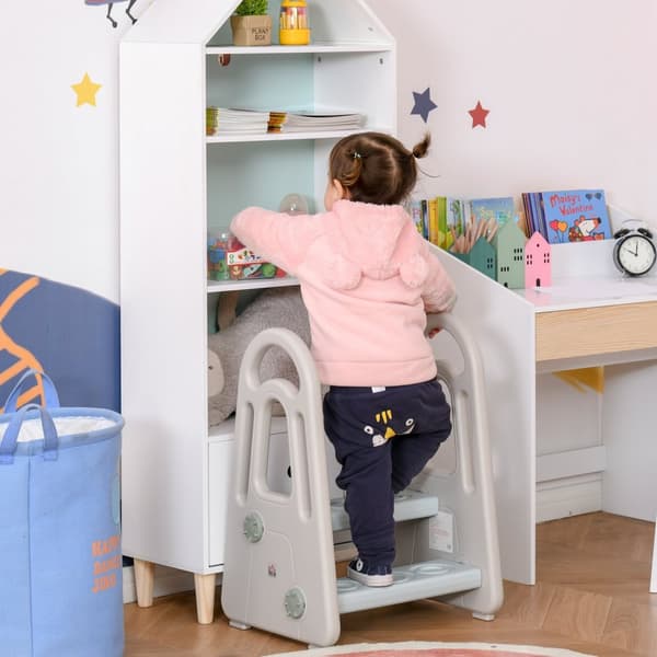 Learning Tower Trinnkrakk Stående Krakk Med 2 Trinn, Sikkerhet, Blå + Grå, I 2-5 År, 43,5X38,5X61Cm