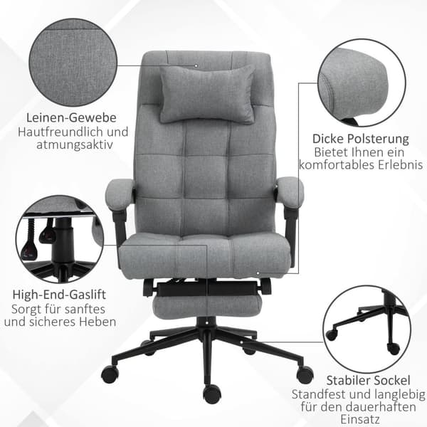 Kontorstol Med Pute Armlen Skrivebordsstol Med Tiltvinkel Høydejusterbar Svingstol Med Fotstøtte Lin 66 X 70 X 116-124 Cm