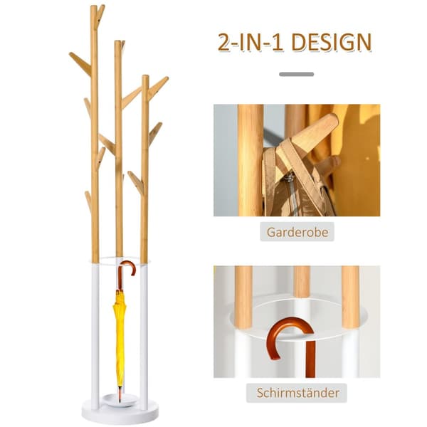 Knageholder Med 13 Kroge, Moderne Paraplystativ, Metalbambus, Natur + Hvid
