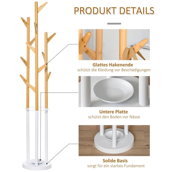 Knageholder Med 13 Kroge, Moderne Paraplystativ, Metalbambus, Natur + Hvid