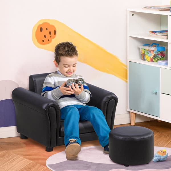 Børnelænestol Med Skammel Børnesofa I Sort, Mini Sofa Til 3-7 År, Træ, 54X42X41Cm
