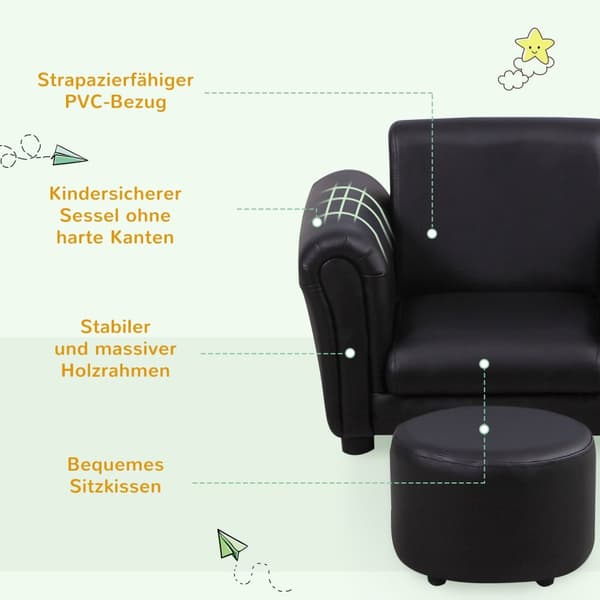Børnelænestol Med Skammel Børnesofa I Sort, Mini Sofa Til 3-7 År, Træ, 54X42X41Cm