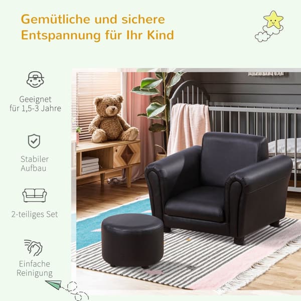 Børnelænestol Med Skammel Børnesofa I Sort, Mini Sofa Til 3-7 År, Træ, 54X42X41Cm