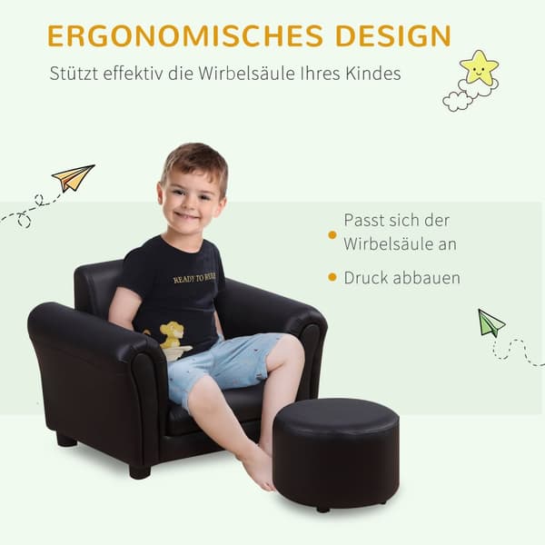 Børnelænestol Med Skammel Børnesofa I Sort, Mini Sofa Til 3-7 År, Træ, 54X42X41Cm