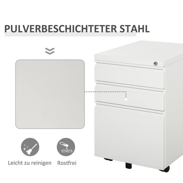 Rullebeholder Med 3 Skuffer, Kontorskap Med Hjul, Konkavt Håndtak, Stål, Hvit, 39X48X60Cm
