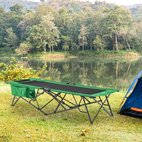 Campingseng, Feltseng, Klapseng Med Sidelomme, Drikkevareholder, Bæreevne Op Til 136 Kg, Stål Oxford Grøn + Sort, 200 X 73 X 49 Cm