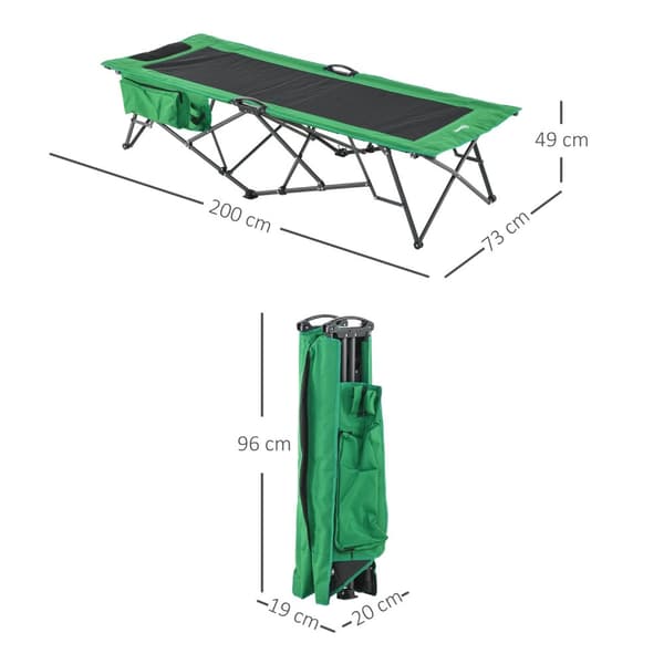 Campingseng, Feltseng, Klapseng Med Sidelomme, Drikkevareholder, Bæreevne Op Til 136 Kg, Stål Oxford Grøn + Sort, 200 X 73 X 49 Cm