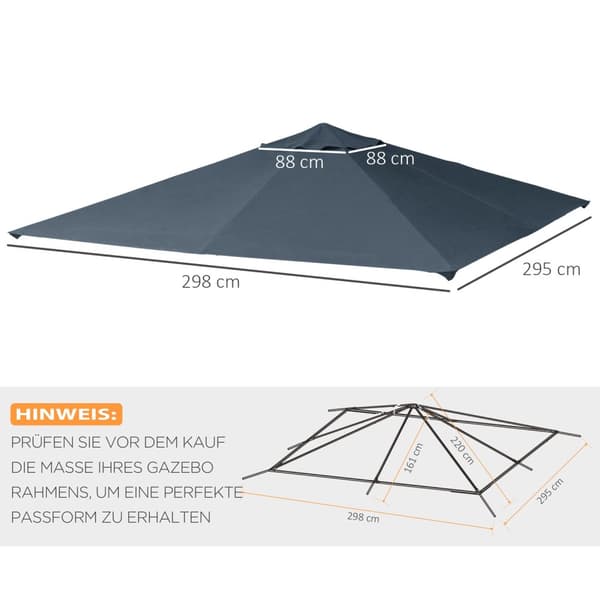 Gazebo Roof 3X3M Erstatningstak For Gazebo, Pavilion Cover, Solbeskyttelse, Polyester, Mørkegrå