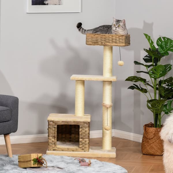 Rattan Kattetræ Kradsestolpe Med Kattehule, Boldlegetøj, Sisal & Blødt Plys, 108 Cm, Brun+Beige