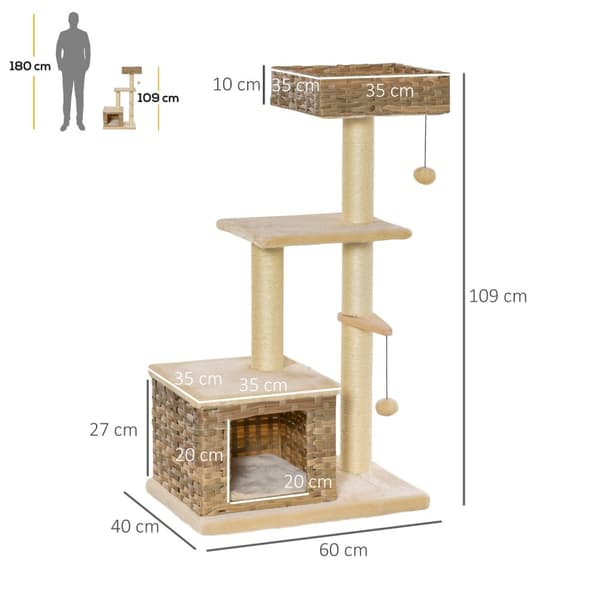 Rattan Kattetræ Kradsestolpe Med Kattehule, Boldlegetøj, Sisal & Blødt Plys, 108 Cm, Brun+Beige