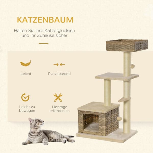 Rattan Kattetræ Kradsestolpe Med Kattehule, Boldlegetøj, Sisal & Blødt Plys, 108 Cm, Brun+Beige