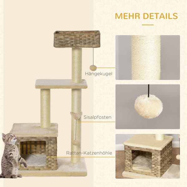 Rattan Kattetræ Kradsestolpe Med Kattehule, Boldlegetøj, Sisal & Blødt Plys, 108 Cm, Brun+Beige