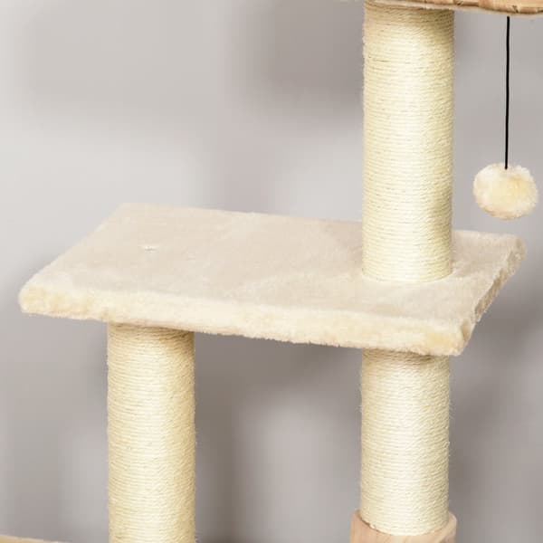 Rattan Kattetræ Kradsestolpe Med Kattehule, Boldlegetøj, Sisal & Blødt Plys, 108 Cm, Brun+Beige