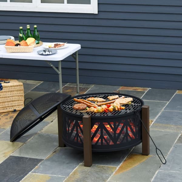 Fire Bowl 2-I-1 Brandkurv Med Gnistbeskytter & Grillrist, Havegrill, Sort+Brun, Ф78X60H Cm