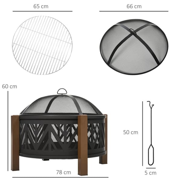 Fire Bowl 2-I-1 Brandkurv Med Gnistbeskytter & Grillrist, Havegrill, Sort+Brun, Ф78X60H Cm