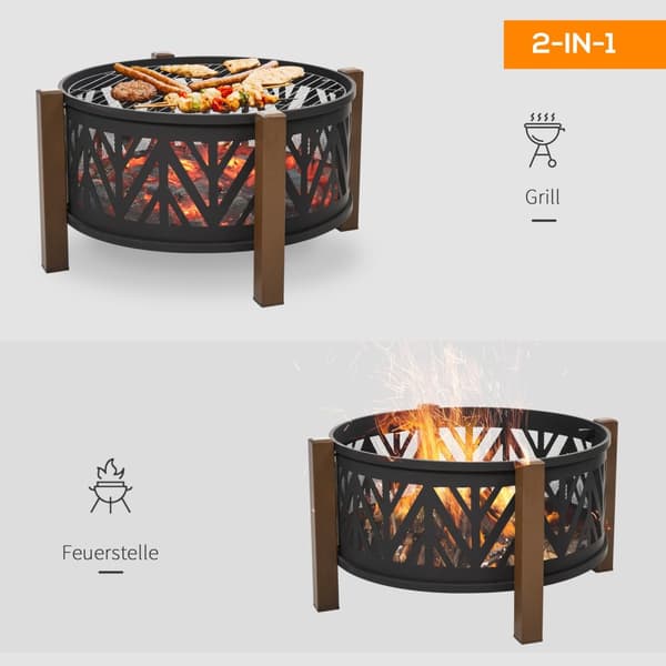 Fire Bowl 2-I-1 Brandkurv Med Gnistbeskytter & Grillrist, Havegrill, Sort+Brun, Ф78X60H Cm
