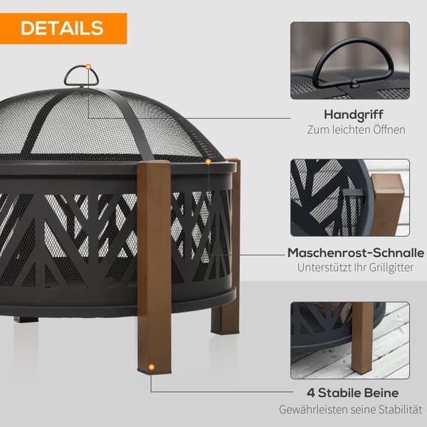 Fire Bowl 2-I-1 Brandkurv Med Gnistbeskytter & Grillrist, Havegrill, Sort+Brun, Ф78X60H Cm