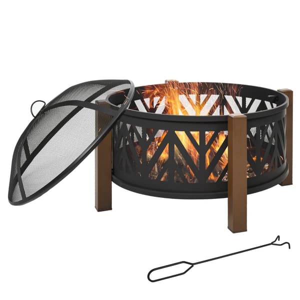 Fire Bowl 2-I-1 Brandkurv Med Gnistbeskytter & Grillrist, Havegrill, Sort+Brun, Ф78X60H Cm