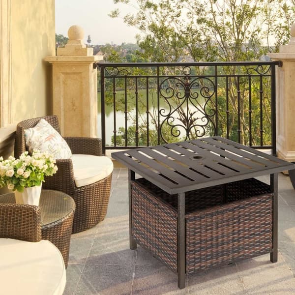 Rottink Table Puutarhapöytä Patiopöytä Sohvapöytä Sateenvarjoreiällä Täydellinen Puutarhaparvekepatiolle 55,5 X 55,5 X 46 Cm Ruskea