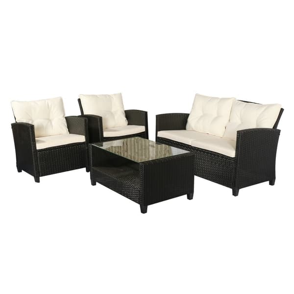 Polyrattan Siddesæt Til 4 Personer, Havesæt, Sofasæt, Havemøbelsæt, Lounge, Metal, Luksus, Sort