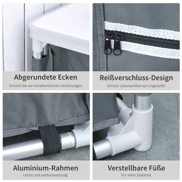 Sammenleggbart Campingskap Kjøkkenboks Bærbar Med Benkeplate, 3 Hyller, 600D Oxford-Stoff, Grå, 60X50X104,5 Cm