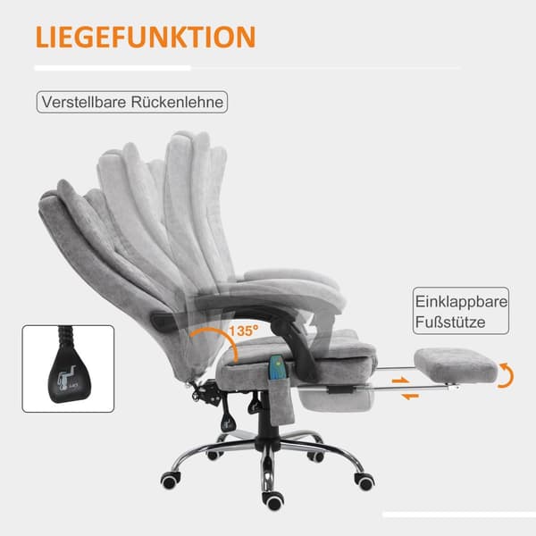 Massagestol Kontorstol Massagestol Varmefunktion Liggefunktion Massagefunktion Fodstøtte Tyk Polstring Grå 62 X 67 X 113-120 Cm
