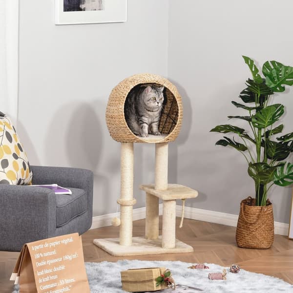 Cat Tree Kradsestolpe Killingemøbler Med Cat Cave Ball Legetøj Sisal Blød Plys Beige Højde 100 Cm