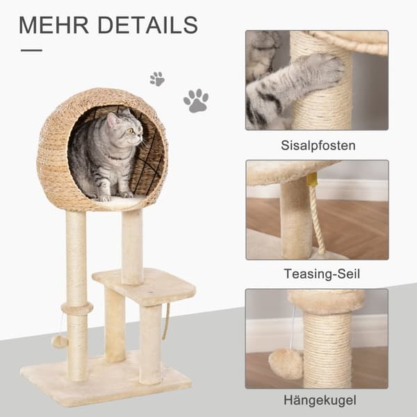 Cat Tree Kradsestolpe Killingemøbler Med Cat Cave Ball Legetøj Sisal Blød Plys Beige Højde 100 Cm