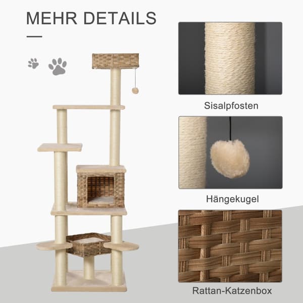 Rattan Kradsestolpe Klatretræ Kat Med Kattehule Multi-Tier Kattetræ E1 Mdf Sisal Beige+Brun 55 X 55 X 174 Cm