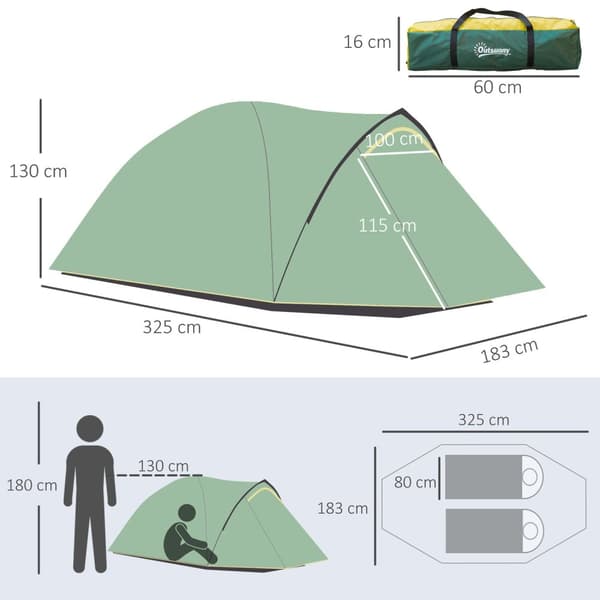 Dome Telt 2-3 Personer 190T Glasfiber Polyester Grøn+Gul 325X183X130Cm Pløkker