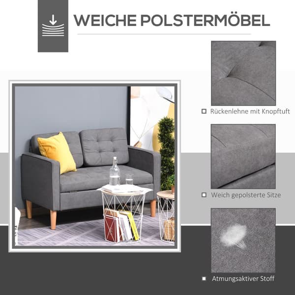2-Personers Sofa Stof Sofa Dobbelt Sofa Aftagelig Med Hynder Gummi Træ Bomuld Grå 117 X 62 X 78 Cm