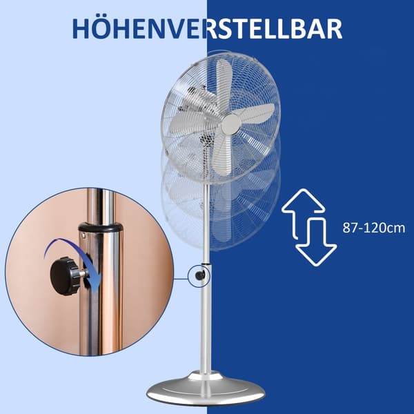Piedestalventilator 120 Cm, Højdejusterbar, 3 Hastighedsniveauer, Justerbar Hældningsvinkel, Stål, Sølv