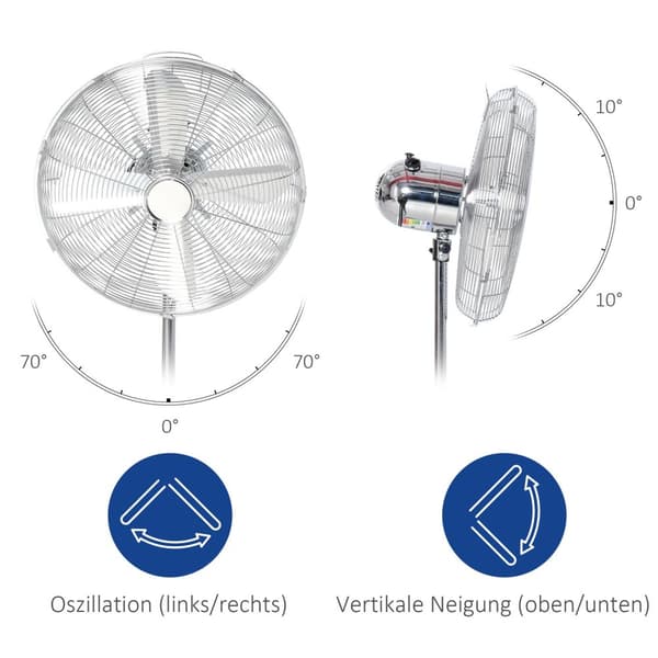 Piedestalventilator 120 Cm, Højdejusterbar, 3 Hastighedsniveauer, Justerbar Hældningsvinkel, Stål, Sølv