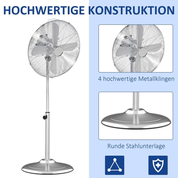 Piedestalventilator 120 Cm, Højdejusterbar, 3 Hastighedsniveauer, Justerbar Hældningsvinkel, Stål, Sølv