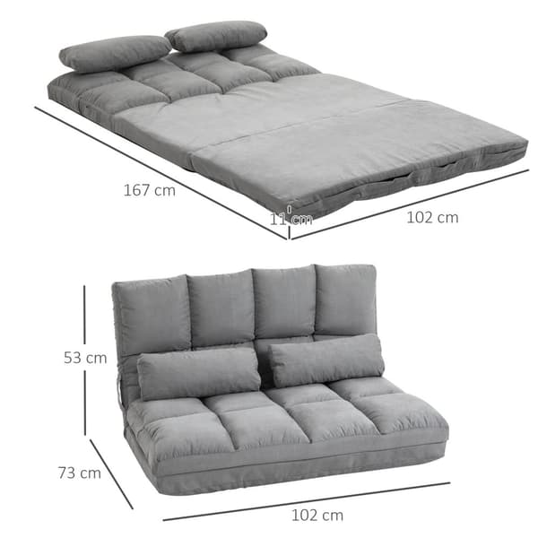 Gulvstol 2-I-1 Gulvstol & Seng Med Ryggstøtte, 3 Posisjoner Justerbar, Setepute, Grå, Fløyel Og Stål, 102X73X60Cm