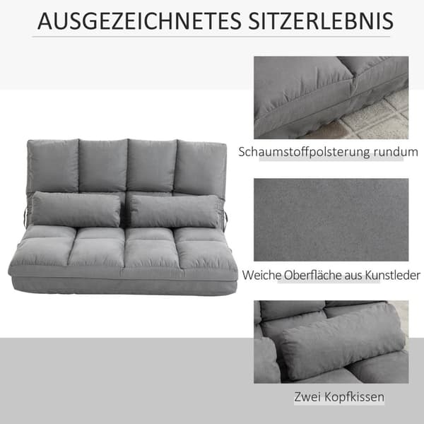 Gulvstol 2-I-1 Gulvstol & Seng Med Ryggstøtte, 3 Posisjoner Justerbar, Setepute, Grå, Fløyel Og Stål, 102X73X60Cm
