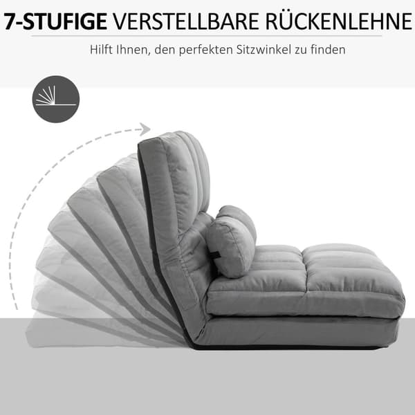 Gulvstol 2-I-1 Gulvstol & Seng Med Ryggstøtte, 3 Posisjoner Justerbar, Setepute, Grå, Fløyel Og Stål, 102X73X60Cm