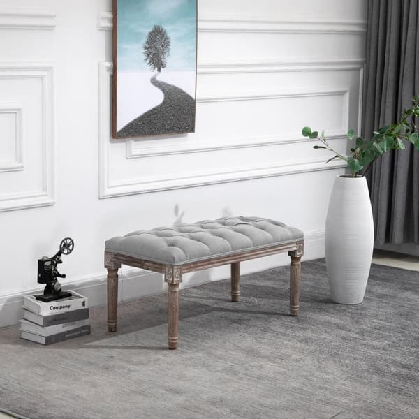 Stoppet Benk Grå Elegant Benk I Vintagestil Med Knappedekor, Gummitre Og Lin, 142X47X51Cm