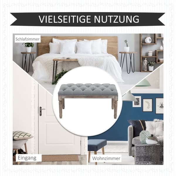 Stoppet Benk Grå Elegant Benk I Vintagestil Med Knappedekor, Gummitre Og Lin, 142X47X51Cm