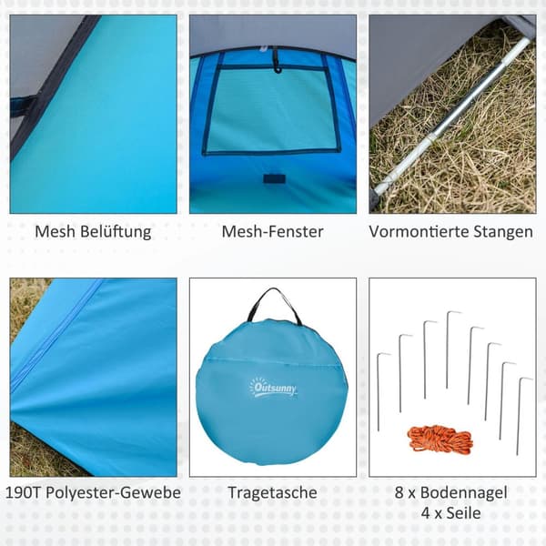 Pop-Up Telt For 1-2 Personer Lett Campingtelt For 3 Årstider, Polyester Og Glassfiber, Blå+Grå, 220X108X110Cm