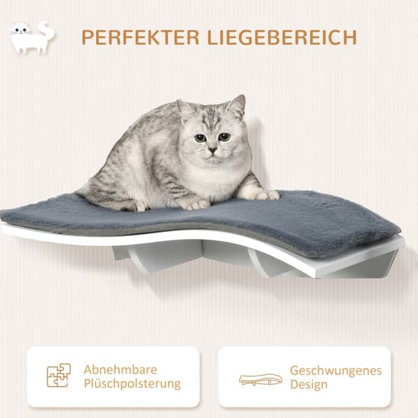 Cat Bed Wall Lounger Vægmonteret Med Plyspude, Mdf, Til Katte, Hvid + Grå, 53X28X12Cm
