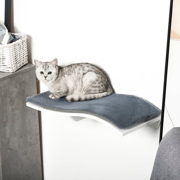 Cat Bed Wall Lounger Vægmonteret Med Plyspude, Mdf, Til Katte, Hvid + Grå, 53X28X12Cm