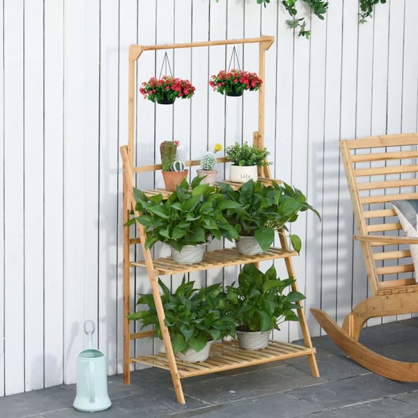Treblomstertrapp Plantestativ Stige Hylle Justerbar Hengehøyde Blomsterstativ Hengende Bambus Naturlig Innendørs Utendørs 70 X 40 X 143 Cm