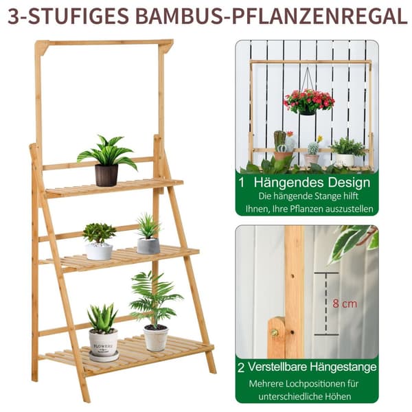Treblomstertrapp Plantestativ Stige Hylle Justerbar Hengehøyde Blomsterstativ Hengende Bambus Naturlig Innendørs Utendørs 70 X 40 X 143 Cm