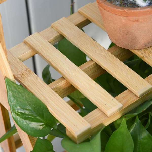 Treblomstertrapp Plantestativ Stige Hylle Justerbar Hengehøyde Blomsterstativ Hengende Bambus Naturlig Innendørs Utendørs 70 X 40 X 143 Cm